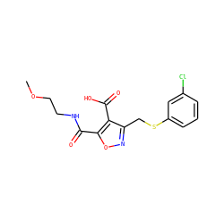 COCCNC(=O)c1onc(CSc2cccc(Cl)c2)c1C(=O)O ZINC000008691398