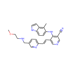 COCCNCc1ccc(/C=C/c2cncc(C#N)c2Nc2ccc3[nH]ccc3c2C)nc1 ZINC000049068042