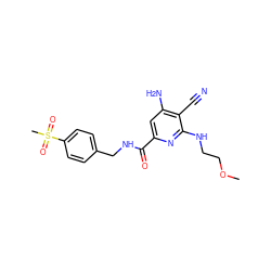 COCCNc1nc(C(=O)NCc2ccc(S(C)(=O)=O)cc2)cc(N)c1C#N ZINC000038145043