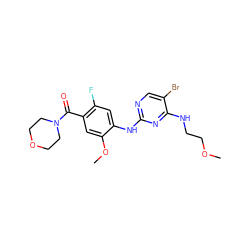 COCCNc1nc(Nc2cc(F)c(C(=O)N3CCOCC3)cc2OC)ncc1Br ZINC000169705112