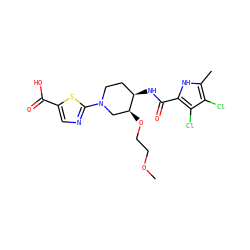 COCCO[C@H]1CN(c2ncc(C(=O)O)s2)CC[C@H]1NC(=O)c1[nH]c(C)c(Cl)c1Cl ZINC000204267957