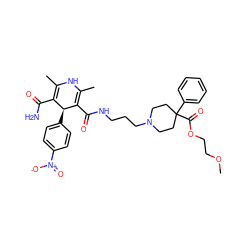 COCCOC(=O)C1(c2ccccc2)CCN(CCCNC(=O)C2=C(C)NC(C)=C(C(N)=O)[C@@H]2c2ccc([N+](=O)[O-])cc2)CC1 ZINC000027564086