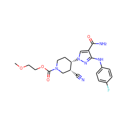 COCCOC(=O)N1CC[C@H](n2cc(C(N)=O)c(Nc3ccc(F)cc3)n2)[C@H](C#N)C1 ZINC000205056110