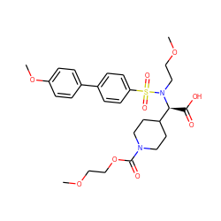 COCCOC(=O)N1CCC([C@H](C(=O)O)N(CCOC)S(=O)(=O)c2ccc(-c3ccc(OC)cc3)cc2)CC1 ZINC000026500195