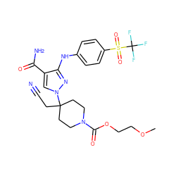 COCCOC(=O)N1CCC(CC#N)(n2cc(C(N)=O)c(Nc3ccc(S(=O)(=O)C(F)(F)F)cc3)n2)CC1 ZINC000222073935