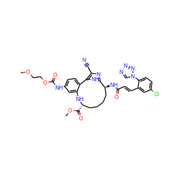 COCCOC(=O)Nc1ccc2c(c1)N[C@@H](C(=O)OC)CCCC[C@H](NC(=O)/C=C/c1cc(Cl)ccc1-n1cnnn1)c1nc(C#N)c-2[nH]1 ZINC000203922234