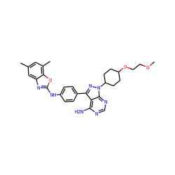 COCCOC1CCC(n2nc(-c3ccc(Nc4nc5cc(C)cc(C)c5o4)cc3)c3c(N)ncnc32)CC1 ZINC000063298104