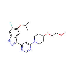 COCCOC1CCN(c2cc(-c3n[nH]c4cc(F)c(OC(C)C)cc34)ncn2)CC1 ZINC000225561935