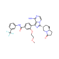 COCCOc1cc(C(=O)Nc2cccc(C(F)(F)F)c2)ccc1-c1nc([C@@H]2CC[C@H]3CCC(=O)N3C2)n2ccnc(N)c12 ZINC000145435378