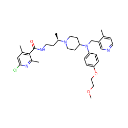 COCCOc1ccc(N(Cc2cnccc2C)C2CCN([C@H](C)CCNC(=O)c3c(C)cc(Cl)nc3C)CC2)cc1 ZINC000082156768