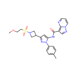 COCCS(=O)(=O)N1CC(c2cc(NC(=O)c3cnn4cccnc34)n(-c3ccc(C)cc3)n2)C1 ZINC000203737655