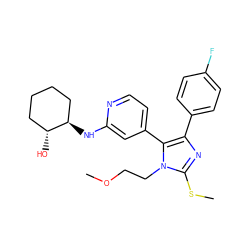 COCCn1c(SC)nc(-c2ccc(F)cc2)c1-c1ccnc(N[C@@H]2CCCC[C@H]2O)c1 ZINC000040410873