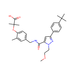 COCCn1nc(-c2ccc(C(C)(C)C)cc2)cc1C(=O)NCc1ccc(OC(C)(C)C(=O)O)c(C)c1 ZINC000040391278