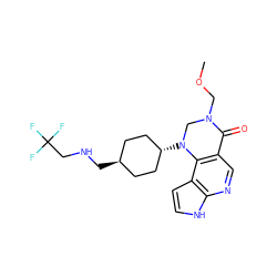 COCN1CN([C@H]2CC[C@H](CNCC(F)(F)F)CC2)c2c(cnc3[nH]ccc23)C1=O ZINC001772587534