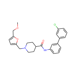 COCc1ccc(CN2CCC(C(=O)Nc3cccc(-c4cccc(Cl)c4)c3)CC2)o1 ZINC000012458060