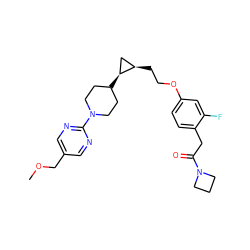 COCc1cnc(N2CCC([C@H]3C[C@H]3CCOc3ccc(CC(=O)N4CCC4)c(F)c3)CC2)nc1 ZINC000147936208