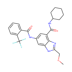 COCc1nc2c(C(=O)NC3CCCCC3)cc(NC(=O)c3ccccc3C(F)(F)F)cc2[nH]1 ZINC000205654626