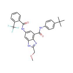 COCc1nc2c(C(=O)Nc3ccc(C(C)(C)C)cc3)cc(NC(=O)c3ccccc3C(F)(F)F)cc2[nH]1 ZINC000205654906