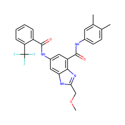 COCc1nc2c(C(=O)Nc3ccc(C)c(C)c3)cc(NC(=O)c3ccccc3C(F)(F)F)cc2[nH]1 ZINC000205655183