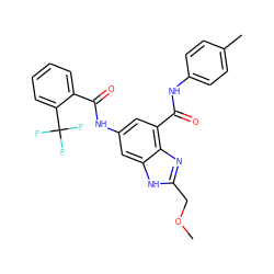 COCc1nc2c(C(=O)Nc3ccc(C)cc3)cc(NC(=O)c3ccccc3C(F)(F)F)cc2[nH]1 ZINC000205654246