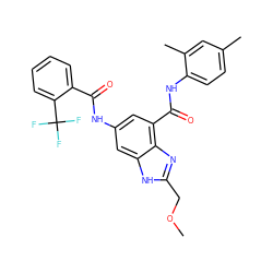 COCc1nc2c(C(=O)Nc3ccc(C)cc3C)cc(NC(=O)c3ccccc3C(F)(F)F)cc2[nH]1 ZINC000205655021