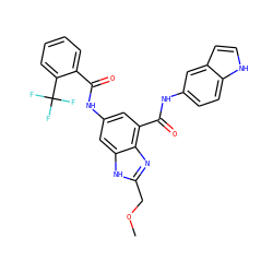 COCc1nc2c(C(=O)Nc3ccc4[nH]ccc4c3)cc(NC(=O)c3ccccc3C(F)(F)F)cc2[nH]1 ZINC000205657229