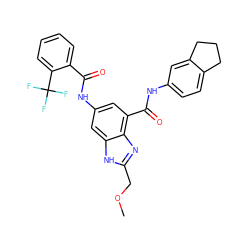 COCc1nc2c(C(=O)Nc3ccc4c(c3)CCC4)cc(NC(=O)c3ccccc3C(F)(F)F)cc2[nH]1 ZINC000205654190