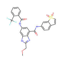 COCc1nc2c(C(=O)Nc3ccc4c(c3)S(=O)(=O)C=C4)cc(NC(=O)c3ccccc3C(F)(F)F)cc2[nH]1 ZINC000205657204