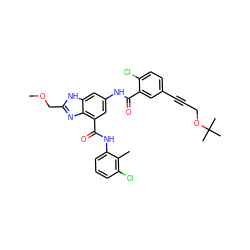 COCc1nc2c(C(=O)Nc3cccc(Cl)c3C)cc(NC(=O)c3cc(C#CCOC(C)(C)C)ccc3Cl)cc2[nH]1 ZINC000205657002