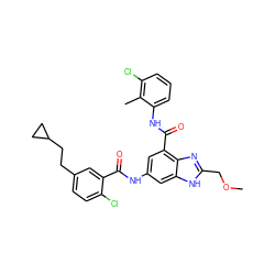 COCc1nc2c(C(=O)Nc3cccc(Cl)c3C)cc(NC(=O)c3cc(CCC4CC4)ccc3Cl)cc2[nH]1 ZINC000207752007