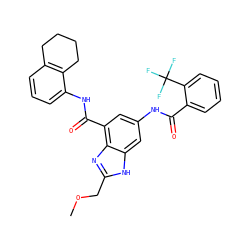 COCc1nc2c(C(=O)Nc3cccc4c3CCCC4)cc(NC(=O)c3ccccc3C(F)(F)F)cc2[nH]1 ZINC000218693351