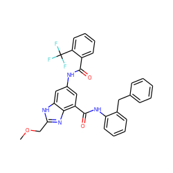 COCc1nc2c(C(=O)Nc3ccccc3Cc3ccccc3)cc(NC(=O)c3ccccc3C(F)(F)F)cc2[nH]1 ZINC000218698441