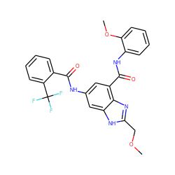 COCc1nc2c(C(=O)Nc3ccccc3OC)cc(NC(=O)c3ccccc3C(F)(F)F)cc2[nH]1 ZINC000207732804