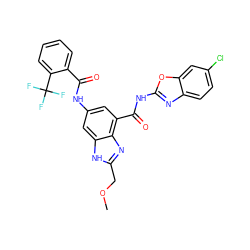 COCc1nc2c(C(=O)Nc3nc4ccc(Cl)cc4o3)cc(NC(=O)c3ccccc3C(F)(F)F)cc2[nH]1 ZINC000218704728