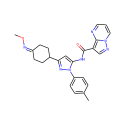 CON=C1CCC(c2cc(NC(=O)c3cnn4cccnc34)n(-c3ccc(C)cc3)n2)CC1 ZINC000203724772