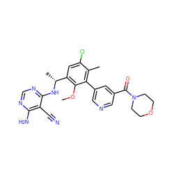 COc1c([C@@H](C)Nc2ncnc(N)c2C#N)cc(Cl)c(C)c1-c1cncc(C(=O)N2CCOCC2)c1 ZINC000146944537