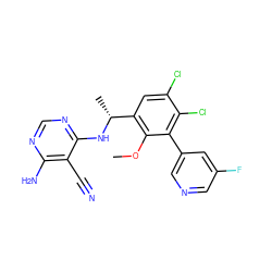 COc1c([C@@H](C)Nc2ncnc(N)c2C#N)cc(Cl)c(Cl)c1-c1cncc(F)c1 ZINC000149129293