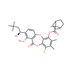 COc1c([C@@H](O)CC(C)(C)C)ccc2c1C(=O)Oc1c(Cl)c(C)c(C)c(OC(=O)C3(C)C4CCC3CC4)c1O2 ZINC000028462243