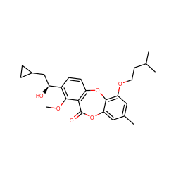 COc1c([C@@H](O)CC2CC2)ccc2c1C(=O)Oc1cc(C)cc(OCCC(C)C)c1O2 ZINC000028463632