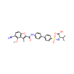 COc1c(C#N)ccc2oc(C(=O)Nc3ccc(-c4ccc(S(=O)(=O)N[C@H](C(=O)O)C(C)C)cc4)cc3)c(C)c12 ZINC000028526008