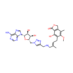 COc1c(C)c2c(c(O)c1C/C=C(\C)CNCc1cn(C[C@@H]3O[C@H](n4cnc5c(N)ncnc54)[C@@H](O)[C@H]3O)nn1)C(=O)OC2 ZINC000066078135