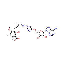 COc1c(C)c2c(c(O)c1C/C=C(\C)CNCn1cc(OC[C@@H]3O[C@H](n4cnc5c(N)ncnc54)[C@@H](O)[C@H]3O)nn1)C(=O)OC2 ZINC000066073824