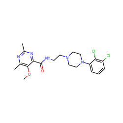 COc1c(C)nc(C)nc1C(=O)NCCN1CCN(c2cccc(Cl)c2Cl)CC1 ZINC000064527090