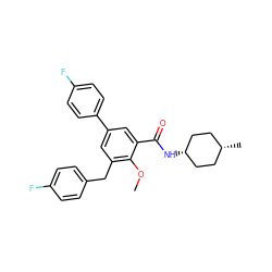 COc1c(Cc2ccc(F)cc2)cc(-c2ccc(F)cc2)cc1C(=O)N[C@H]1CC[C@@H](C)CC1 ZINC000653845455