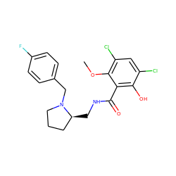 COc1c(Cl)cc(Cl)c(O)c1C(=O)NC[C@H]1CCCN1Cc1ccc(F)cc1 ZINC000013820607