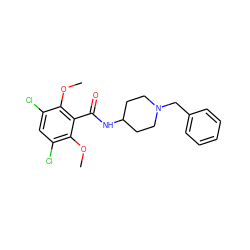 COc1c(Cl)cc(Cl)c(OC)c1C(=O)NC1CCN(Cc2ccccc2)CC1 ZINC000013820625