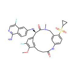 COc1c(F)cc2cc1CCC(=O)Nc1ccc(S(=O)(=O)C3CC3)c(c1)CN(C)C(=O)[C@@H]2Nc1ccc2c(N)ncc(F)c2c1 ZINC000221912796