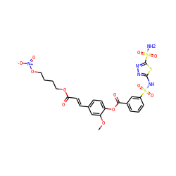 COc1cc(/C=C/C(=O)OCCCCO[N+](=O)[O-])ccc1OC(=O)c1cccc(S(=O)(=O)Nc2nnc(S(N)(=O)=O)s2)c1 ZINC000072133997