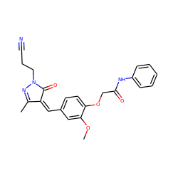 COc1cc(/C=C2\C(=O)N(CCC#N)N=C2C)ccc1OCC(=O)Nc1ccccc1 ZINC000005059154