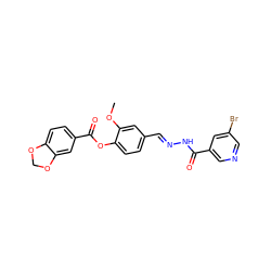 COc1cc(/C=N/NC(=O)c2cncc(Br)c2)ccc1OC(=O)c1ccc2c(c1)OCO2 ZINC000000973691